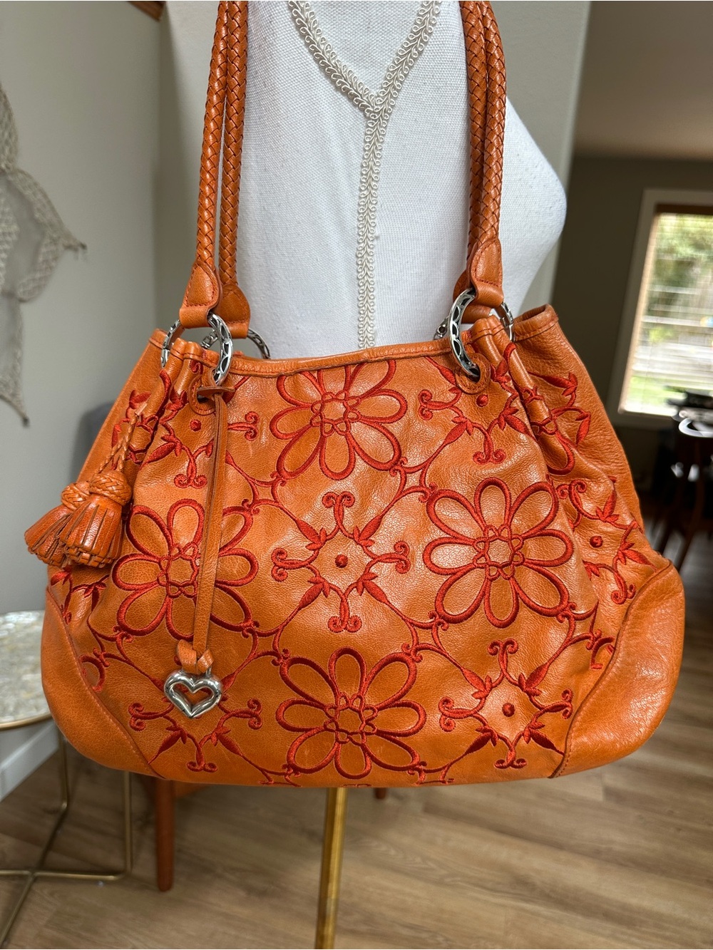 Brighton Valencia leather tote shoulder bag featuring detailed floral embroidery